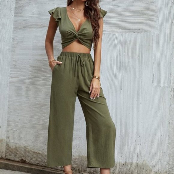 OLIVE Ruffle Trim Twist Top With Pants - Picture 5 of 12